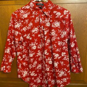 Ralph Lauren Lady's Cotton 3/4 Sleeve Red Floral Blouse